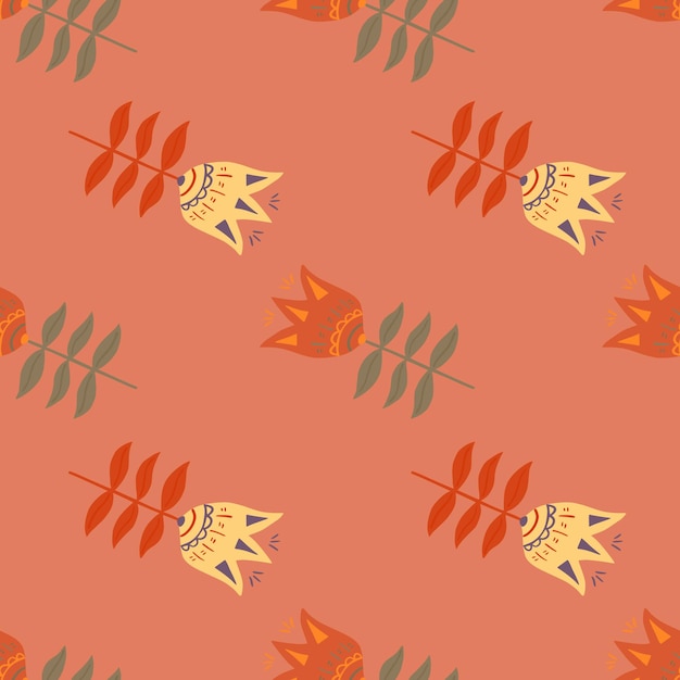 Doodle flower folk art seamless pattern on orange background. Floral nature wallpaper.