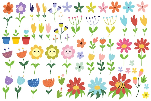 Doodle flowers big collection in cartoon style. Plants and flowers with leaves bundle