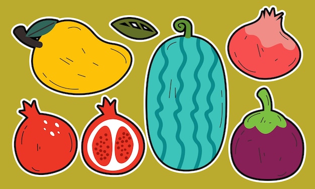 Doodle fruits. Natural tropical fruit, organic fruits or vegetarian food. Vector isolated icons