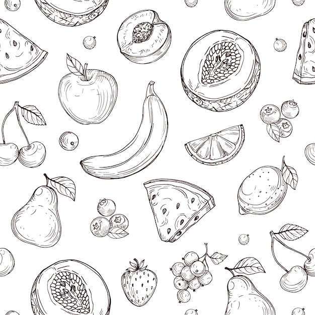 Doodle fruits seamless pattern. Sketch fresh organic berries  endless texture