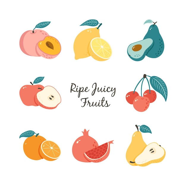 Doodle Fruits Set. Collection of Hand Drawn fruit illustrations for market label, logo, sticker, menu, food package design and decoration