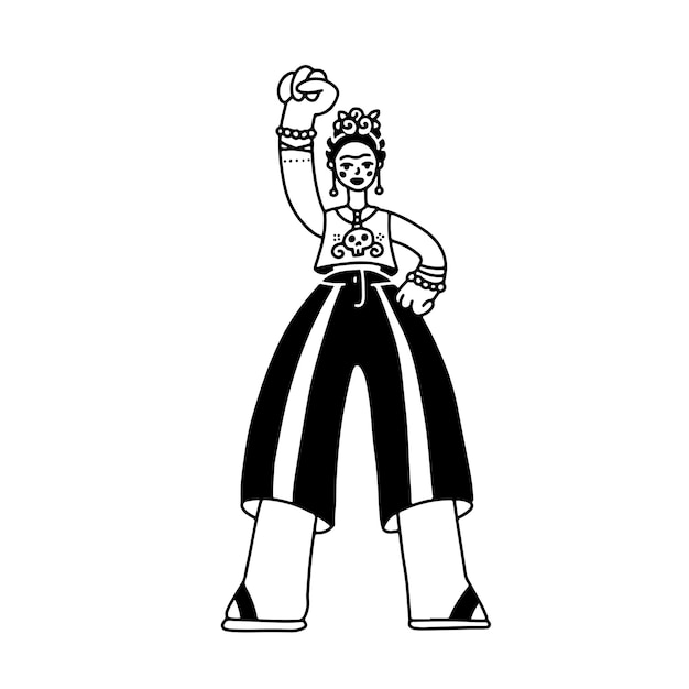 Doodle fulllength female figure with a raised fist frida caricature concept girl poewr symbol linear