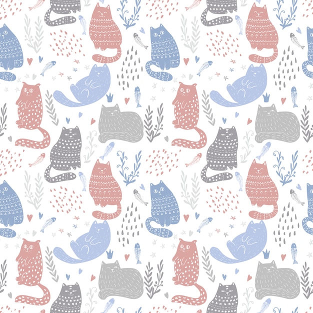 Doodle Funny Cats Seamless Pattern Design. Baby and Kids Textile and Wallpaper Background. Cute Pet Wrapping and Scrapbooking Vector Template.