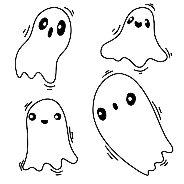 Doodle ghost Halloween little ghost in cute kawaii style Funny smiling ghosts set spirit on white