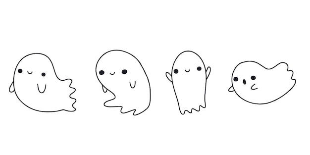 Doodle ghost. Halloween little ghost house in cute kawaii style. Funny smiling samhain ghosts set