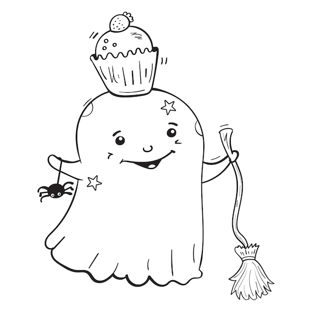 Doodle ghost with a witch broom and a sweet cupcake