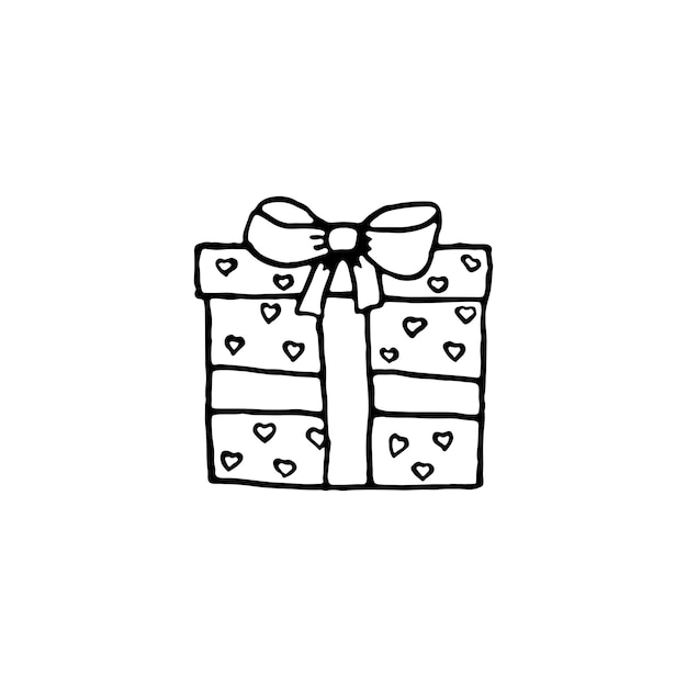 Doodle gift box with bow icon isolated on white background Christmas and New Year presents with hearts thin line doodle in cartoon style Gift wrap or package Hand drawn icons vector illustration