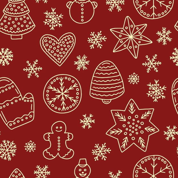 Doodle gingerbread vector seamless pattern Hand drawn ginger cookies pattern on red background