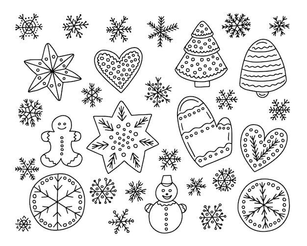 Doodle gingerbread vector set Hand drawn ginger cookies set Christmas tree snowman ginger cake man and heart cookie