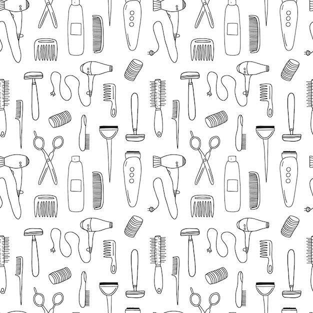 Doodle hair salon seamless pattern isolated on white background Hand drawn vector barbershop elements seamless pattern