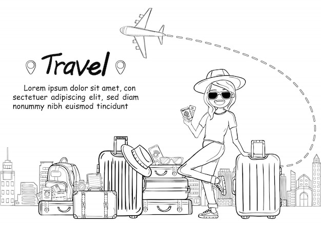 Doodle hand draw woman cute cartoon traveler with luggage travel around the world concept. Hand Draw,