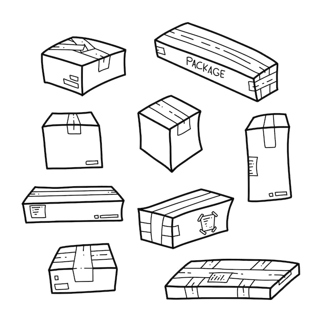 Doodle hand drawing package parcel box set outline illustration