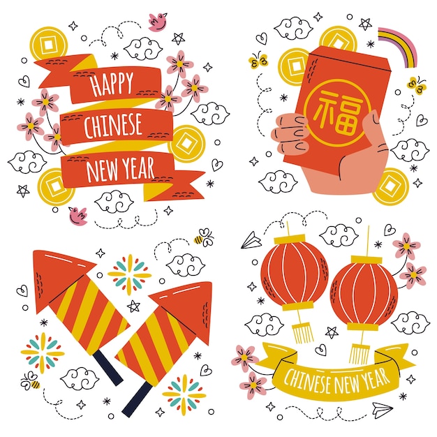 Doodle hand drawn chinese new year stickers collection