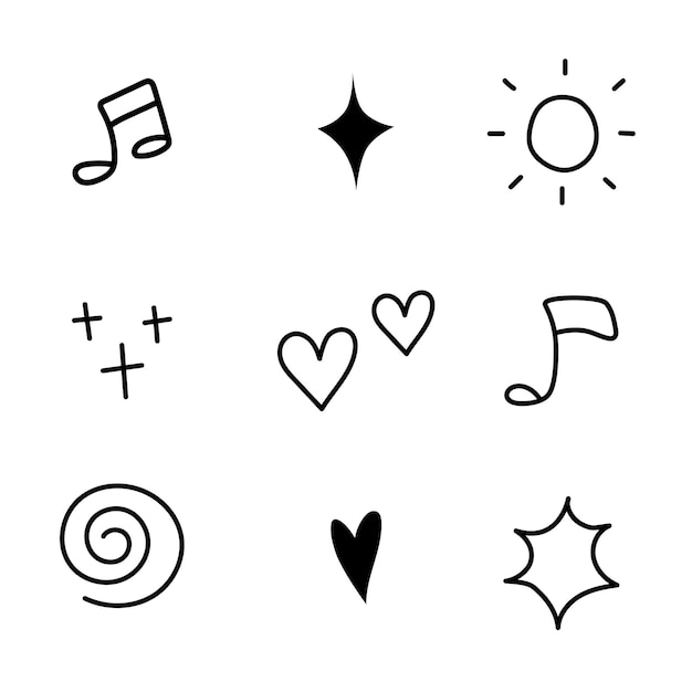 Vector doodle hand drawn element of star sparkle heart and music black and white