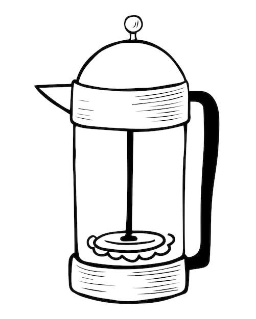 Doodle hand drawn french press. French press - a simple device for brewing coffee. Brewing metal teapot for hot drinks. For coloring pages, stationery, print, poster, stickers, cards, cafe menu