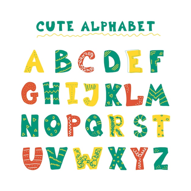 Doodle hand drawn outline colorful letters of English alphabet cute funny decorative font lettering