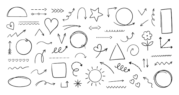 Doodle hand drawn shapes Marker freehand artistic brush arrows Pencil graphic direction signs Geometric forms Contour sketch of heart and sun symbols Vector chalk elements set