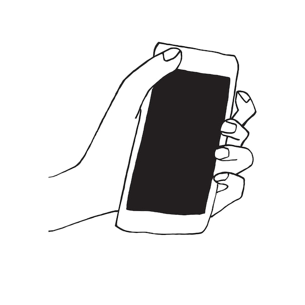 Doodle hand drawn sketch of hand using or holding smart mobile phone