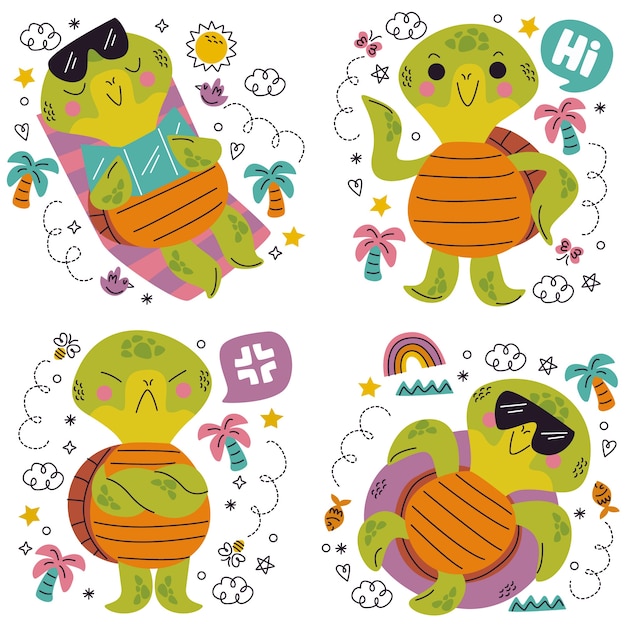 Vector doodle hand drawn turtle stickers