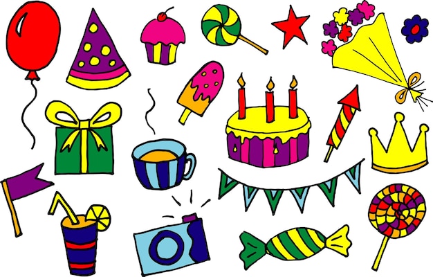 Doodle hand drawn vector cartoon birthday elements with gift box lollipop cake and cupcake flowers crown balloon