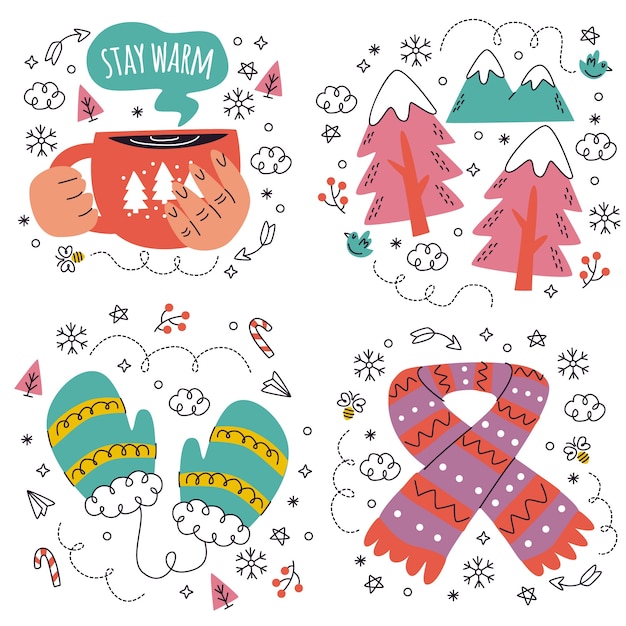 Vector doodle hand drawn winter stickers collection