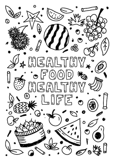 Doodle handdrawn artwork  healthy food and life