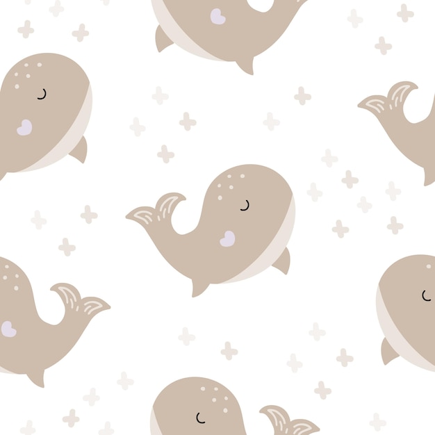 Doodle handdrawn colored childish repeating simple flat pattern with whales