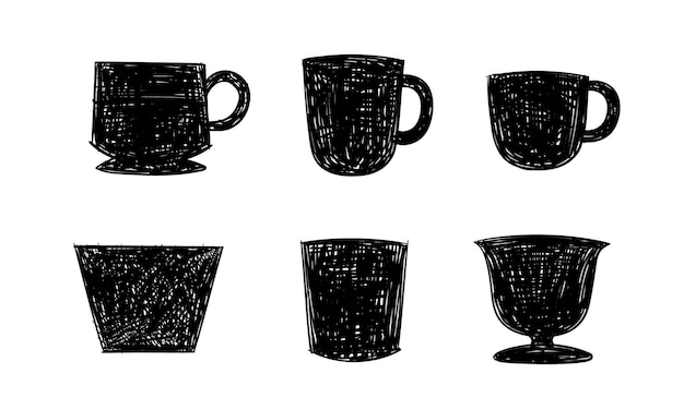 Doodle handdrawn set of drinkware containers on white background