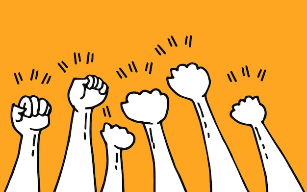 Vector doodle hands up. fist hand, protest symbol, power sign on cartoon style. vector illustration