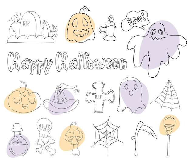 doodle Happy Halloween Jack pumpkin ghost skull and crossbones grave fly agaric witch hat Outline