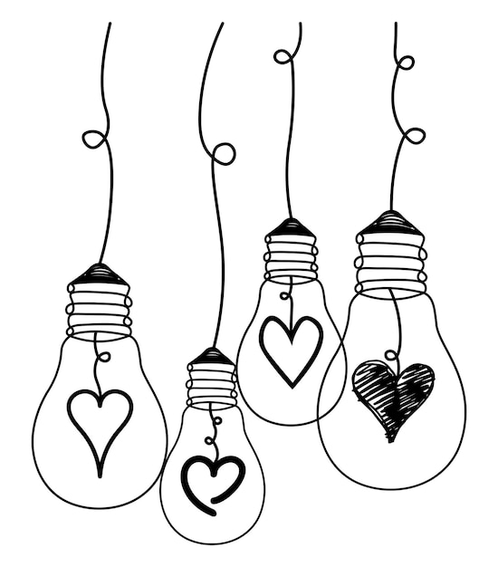 Doodle hearts in light bulbs