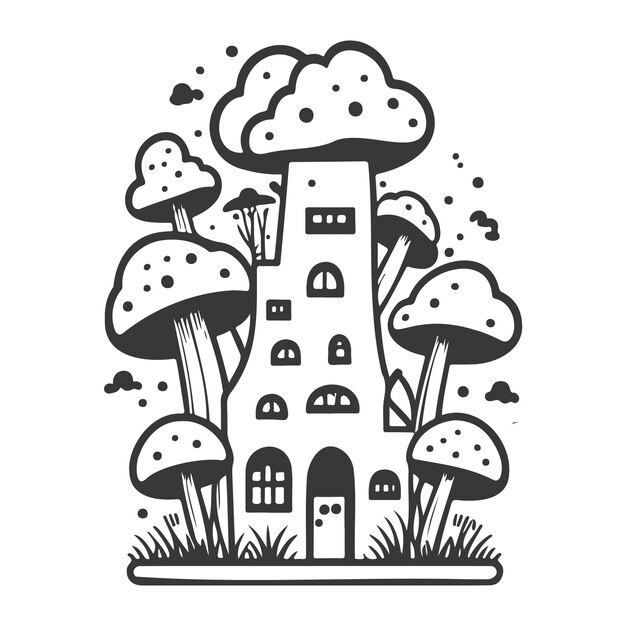 Vector doodle house mushroom illustration grey