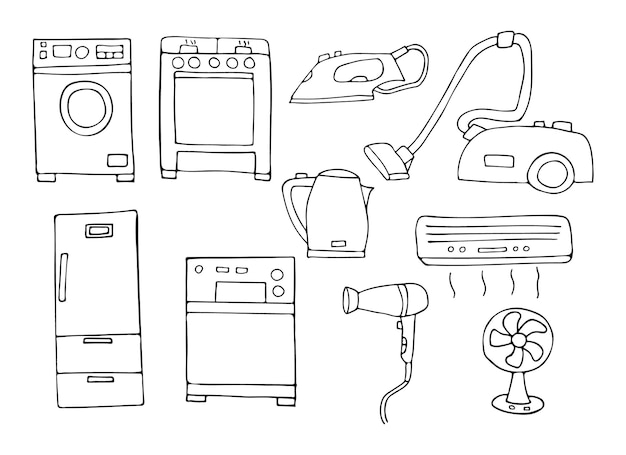 Doodle household appliances icon collection in vector. Hand drawn household appliances icons set.