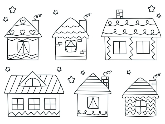 Doodle houses set vector illustration Cute hand drawn cottages for families Simple ink outline