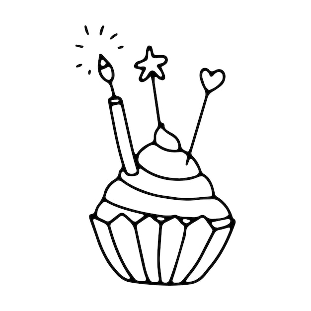 Doodle icon of a festive cupcake cake with candles