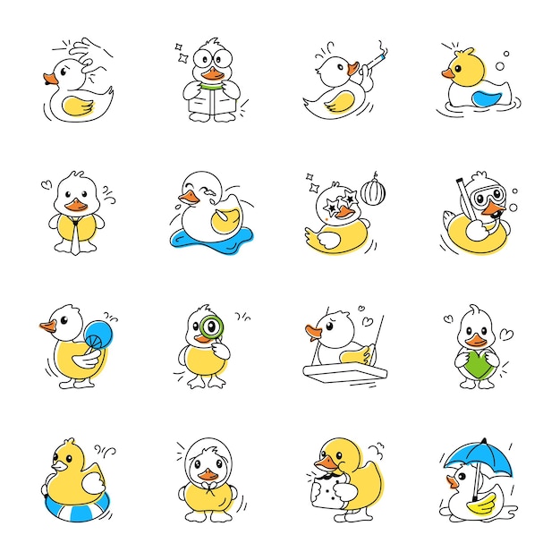 Doodle Icons of Cute Ducks