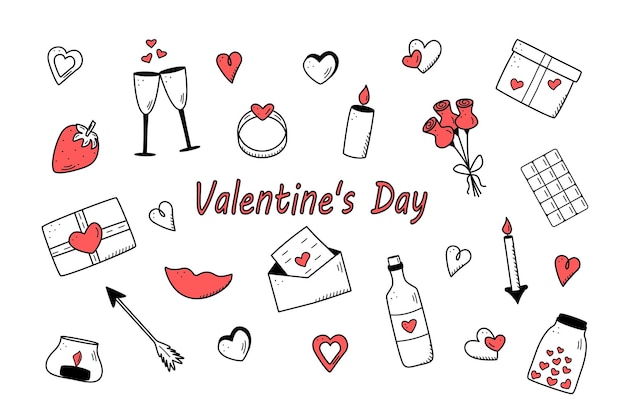 Doodle icons set for Valentines Day or wedding Vector illustration of romantic accessories candles hearts ring bottle and glasses of wine strawberry chocolate gift lips