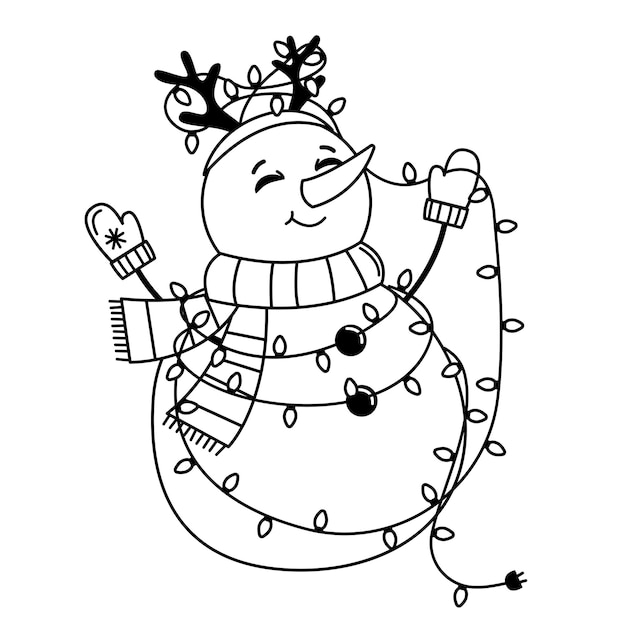 Doodle illustration of a snowman with deer horns entangled in a garland The concept of Christmas