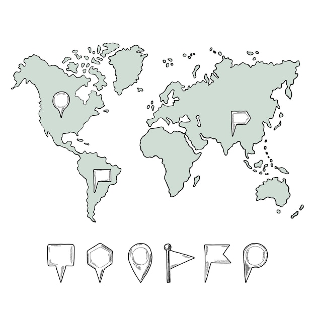 Doodle illustrations of world map with hand drawn pins.