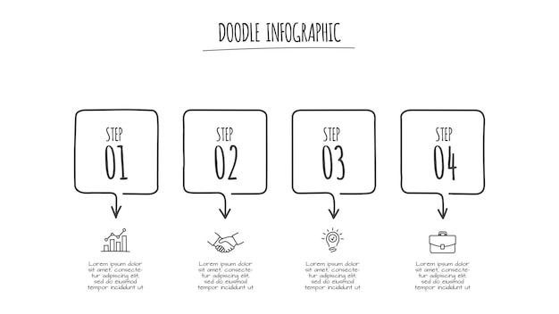 Doodle infographic abstract elements with 4 options. Hand drawn icons. Thin line illustration.