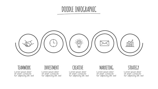 Doodle infographic circle elements with 5 options Hand drawn icons Thin line illustration