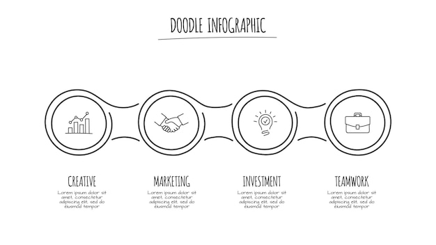 Doodle infographic circles with 4 options Hand drawn icons Thin line illustration