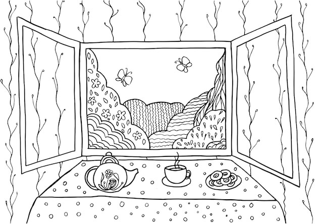 Doodle landscape in window coloring page for adults Fantastic graphic artwork Hand drawn simple illustration