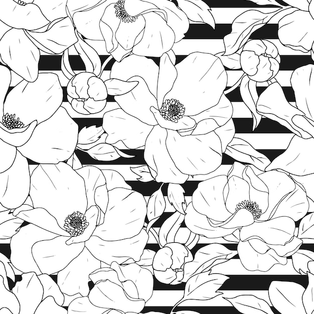 Doodle line art peony flower bouquet on black strip line seamless pattern