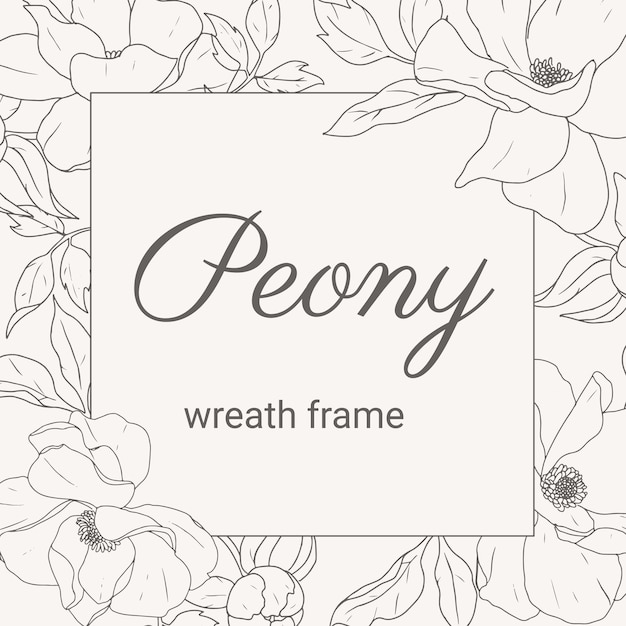 Doodle line art peony flower bouquet wreath square frame banner background