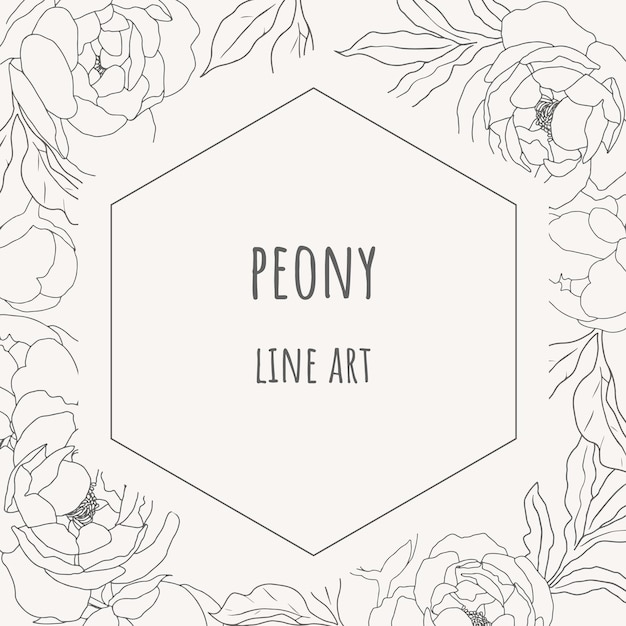 Doodle line art peony flower circle wreath frame minimal square banner background