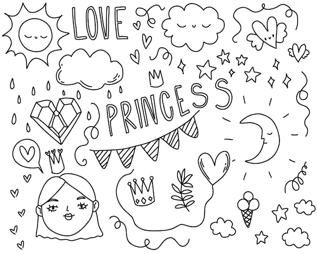 Doodle line princess cute elements Sketch set scribble isolated line collection