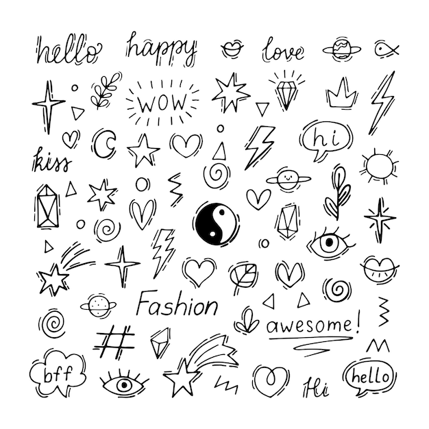 Vector doodle line set with different elements tattoo design cute hand drawn doodles graffiti decoration