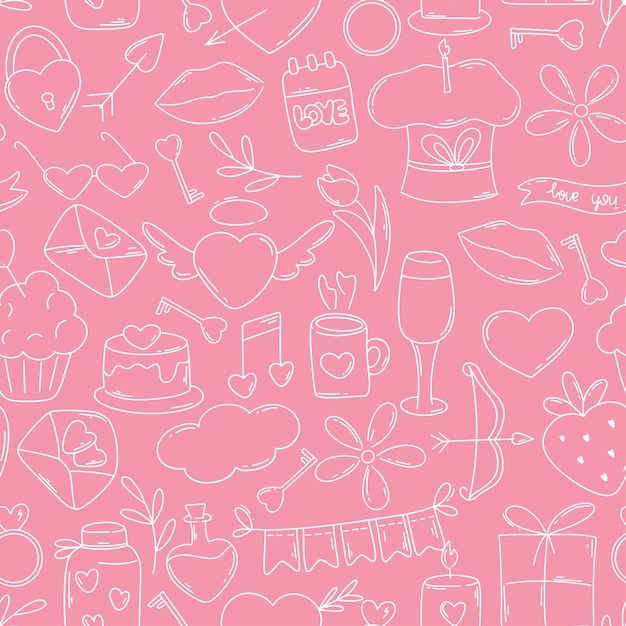 Doodle love seamless pattern. Romantic gentle background with valentines day and wedding elements