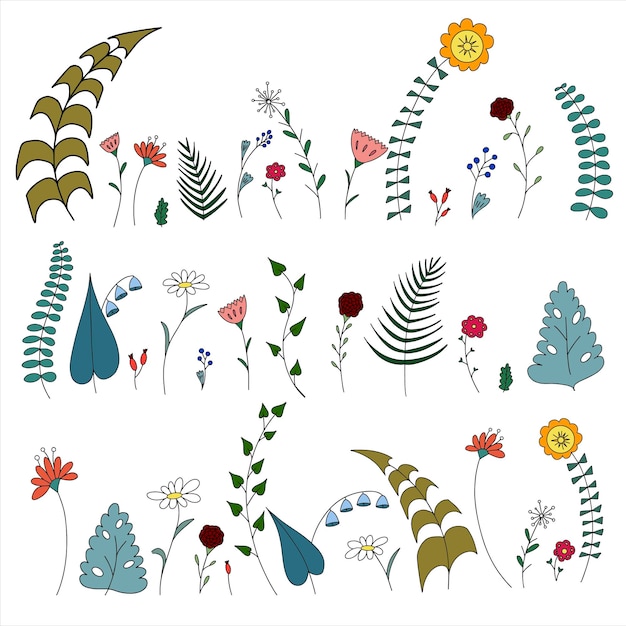 Doodle meadow flowers and leafs set Colores vector floral icons